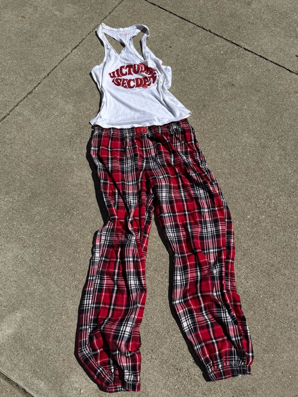 Victoria's Secret White Tank with Red and Black Plaid Lounge Pants